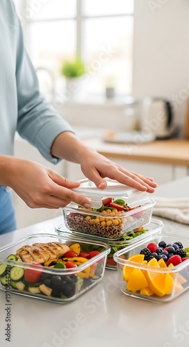 Person preparing healthy food in clear containers on white table