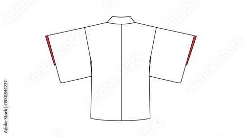 Technical flat drawing of the back view of a traditional white kimono or robe with red accents for garment design specifications.