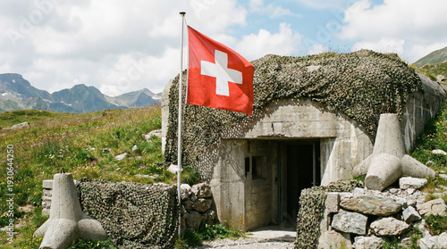 Swiss flag flies proudly over a camouflaged mountain bunker in the Alps