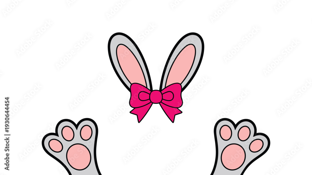 Fototapeta premium Bunny ears with pink bow and paws peeking up from white surface