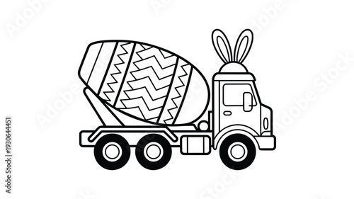 Cement mixer truck carrying large decorated easter egg with bunny ears coloring page