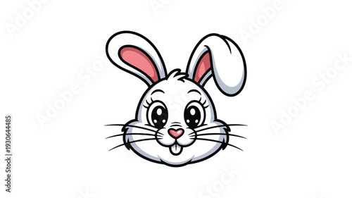 Cute cartoon bunny face with big eyes and whiskers on white background