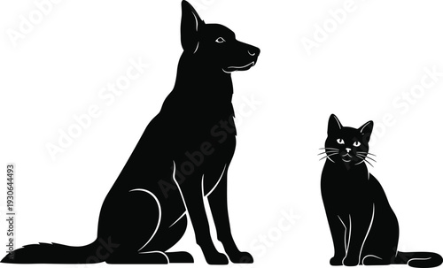 Black Silhouette: A serene depiction of a dog and cat sharing space in a graceful pose, emphasizing their unique characteristics.