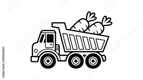 Dump truck hauling giant carrots line art illustration for children coloring book and farm theme design