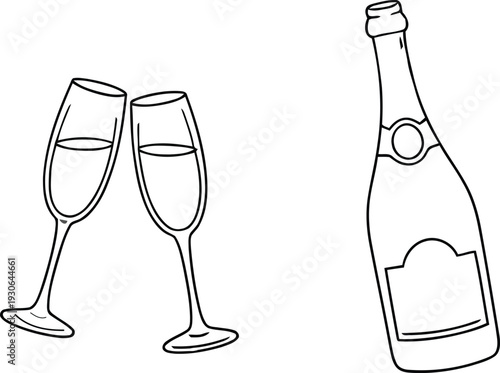 Hand Drawn Champagne Bottle and Clinking Glasses Vector Set