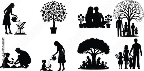 Growth and Nurturing: A silhouette of parents and children tending to plants and trees, symbolizing growth, nurturing, and the connection between generations. 