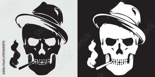 Skull with hat smoking cigar vector illustration flat design gothic art
