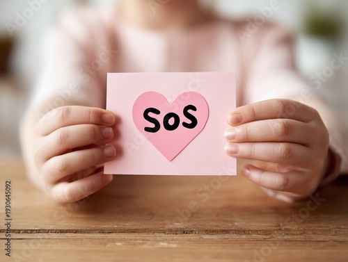 ピンクのハートにSOSと書かれたカードを両手で差し出し助けを求める子供の手元