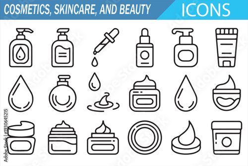 Cosmetics Skincare and Beauty Line Icons Set with Makeup, Cream, Serum, Perfume and Spa Symbols, Minimal Outline Vector Illustration for Salon, Wellness and Personal Care Design