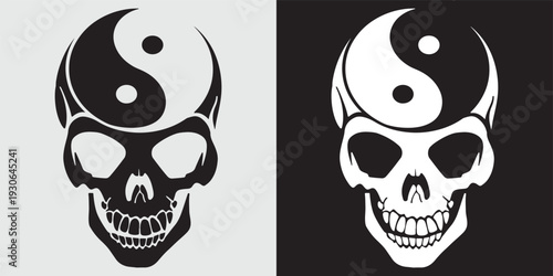 Yin Yang skull symbol balance harmony death life vector illustration flat design