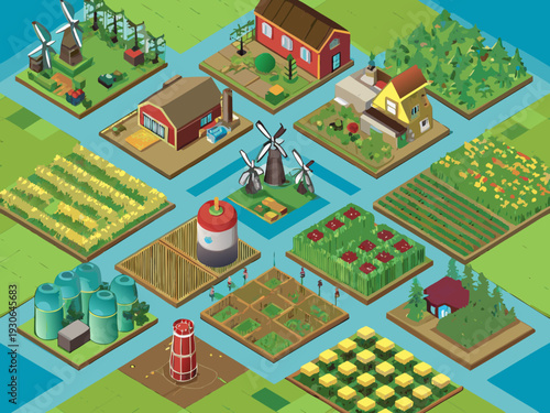 Isometric farmland scene with windmills houses and cultivated fields