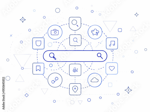 Digital network connection with icons representing various online activities