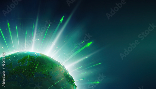 Digital background, A vibrant depiction of Earth, radiating with streaks of light and upward-pointing arrows, symbolizing growth, progress, and innovative ideas propelling the world forward.