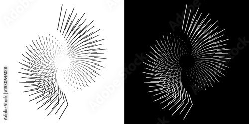 Dynamic abstract spiral sound wave rhythm lines. Circular spiral sound wave rhythm of lines. Circular futuristic abstract lines, black and white background.	