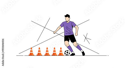 Soccer Player Training with Cones and Ball.