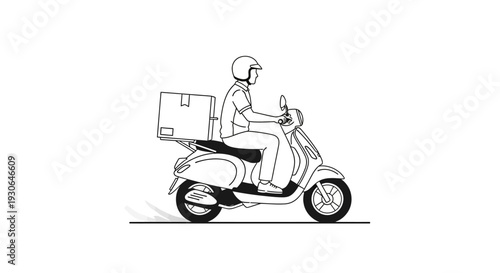 Delivery man riding scooter with package, fast service concept