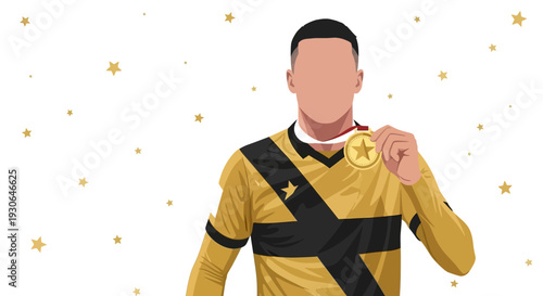 Man Wearing Yellow Sports Jersey Holding Medal.