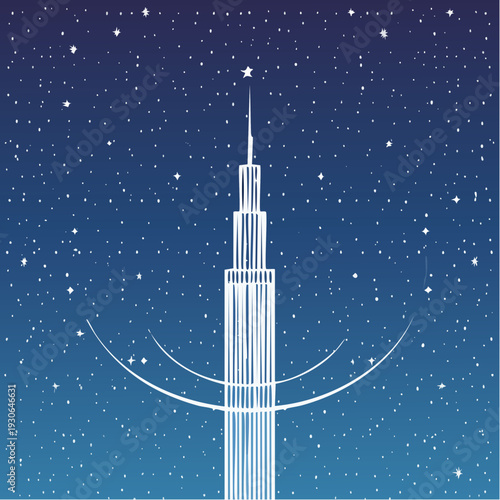 Futuristic skyscraper illustration with starry night sky background.