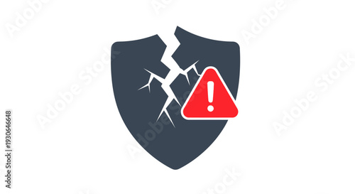 Broken Shield Icon with Warning Sign - Security Breach Concept