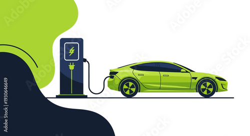 Green electric car charging at station, future transport concept