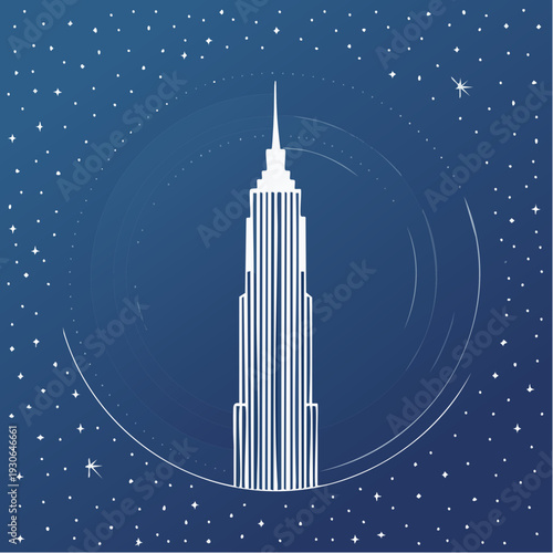 Stylized skyscraper illustration with celestial background.