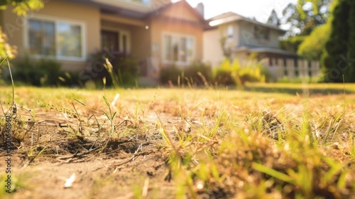A close-up view of dry grass in a residential yard. Two houses are visible in the background, surrounded by greenery and sunlight.