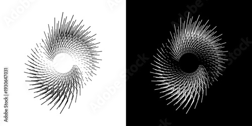 Dynamic abstract spiral sound wave rhythm lines. Circular spiral sound wave rhythm of lines. Circular futuristic abstract lines, black and white background.	
