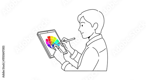 Designer using digital tablet with color wheel, graphic design concept