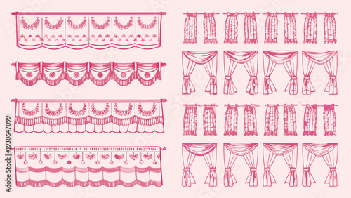 Collection of vintage style curtain valance and swag illustrations in pink