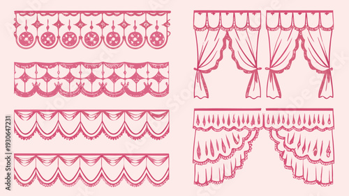 Pink decorative border designs featuring scalloped edges and draped curtains