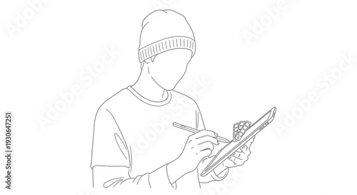 Artist drawing on tablet with stylus, creative hand sketch outline
