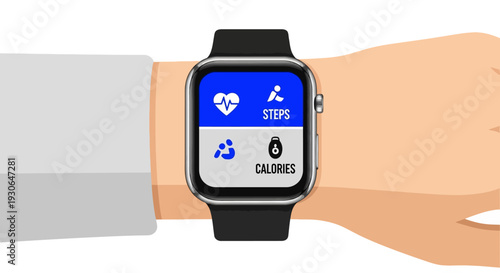 Smartwatch displaying fitness tracker app with heart rate, steps, and calories