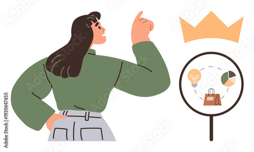 Business strategy, leadership, e-commerce, analytics, innovation, consumer behavior. Woman pointing at magnifying glass with shopping and data icons. Business strategy and leadership illustration