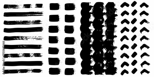 Abstract black brush strokes arranged in vertical columns on white