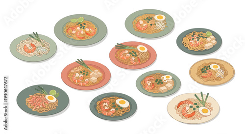 Thai Noodle Pad Thai Set Illustration Vector, Traditional Stir-Fried Rice Noodles with Shrimp, Egg, and Tofu on Plates, Isometric Asian Food Collection Isolated on White Background