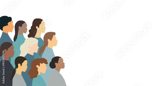 Colorful illustration of a multicultural international diverse women group standing side by side. Banner, article illustration, poster, presentation slide. Feminism, female community, female business.