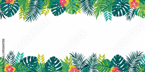 A vibrant tropical foliage arrangement forms a decorative border