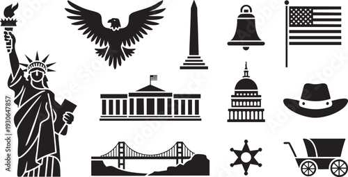Collection of black silhouette icons representing various American and Canadian national symbols and landmarks on a white background.