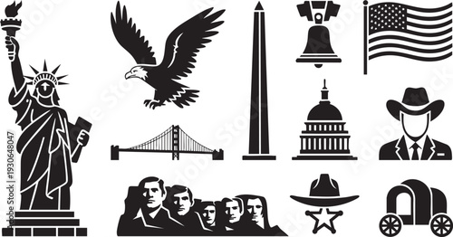 Collection of black silhouette icons representing various American and Canadian national symbols and landmarks on a white background.