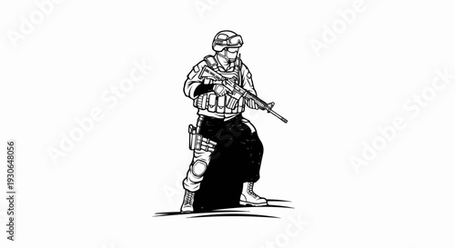 A black and white drawing of a soldier in tactical gear holding a rifle