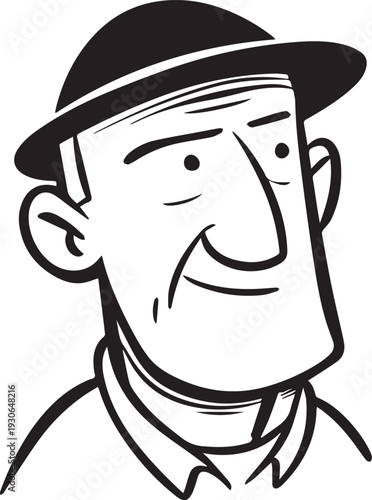 Hand Drawn Old Man Black and White Avatar Illustration in Minimal Line Art Style Design