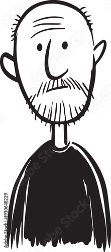 Hand Drawn Old Man Black and White Avatar Illustration in Minimal Line Art Style Design