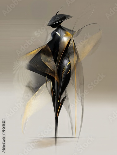 AI-generated illustration of a sketched fashionable female figure in black, white, gold and gray