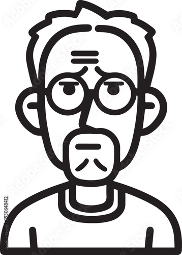 Hand Drawn Old Man Black and White Avatar Illustration in Minimal Line Art Style Design