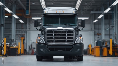 Semi Truck Parked in Service Bay with Open Hood for Maintenance and Inspection in Modern Workshop Environment