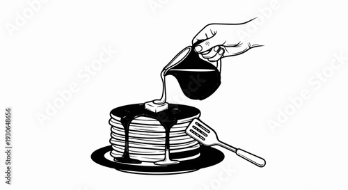 A hand pours syrup onto a stack of pancakes with a pat of butter and a spatula