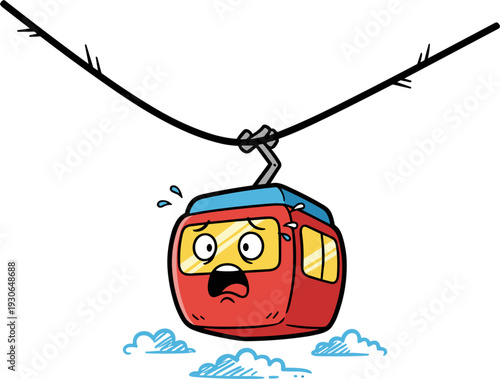 Scared Red Cable Car Character Suspended Mid-Air on Wire Above Clouds