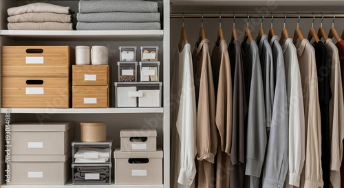 Organized closet with neatly arranged shelves and hanging clothes in a home setting during daytime