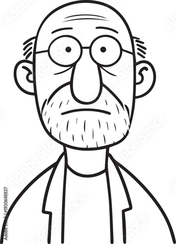 Hand Drawn Old Man Black and White Avatar Illustration in Minimal Line Art Style Design