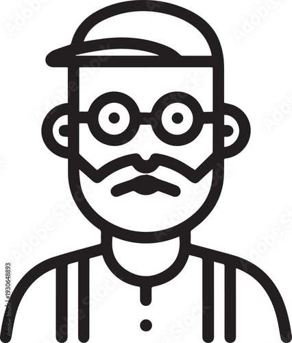 Hand Drawn Old Man Black and White Avatar Illustration in Minimal Line Art Style Design